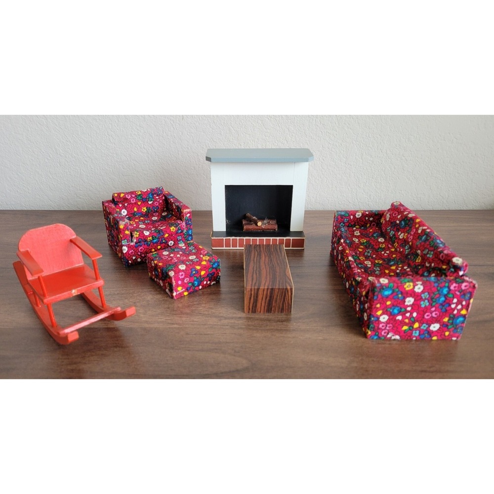 Vtg MCM Germany Doll House Furniture Lot Couch Fireplace Rocking Chair READ